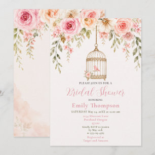 Pink Floral Bird Cage Bridal Shower Invitation
