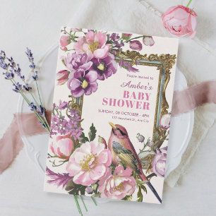 Pink floral bird watercolor baby shower invitation