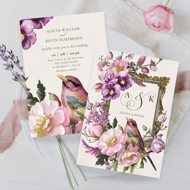 Pink floral bird watercolor Wedding Invitation (Creator Uploaded)
