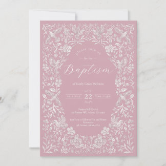 Pink Floral Birdie Baby Baptism Invitation