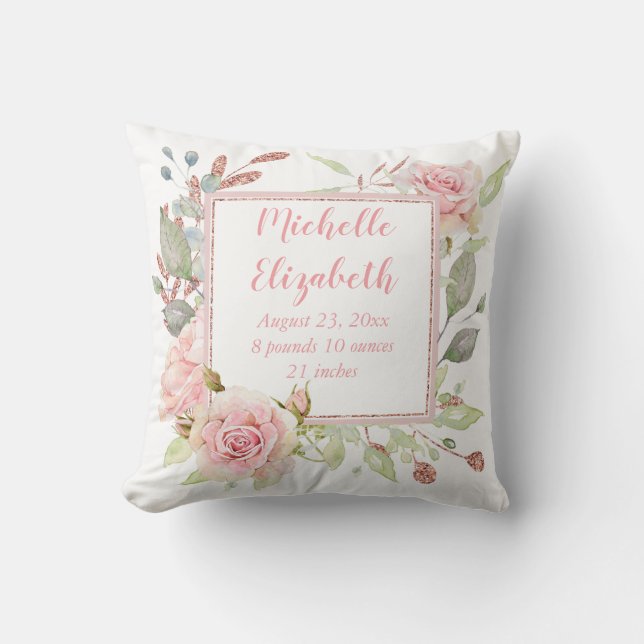 Pink Floral Birth Stats Throw Pillow (Front)