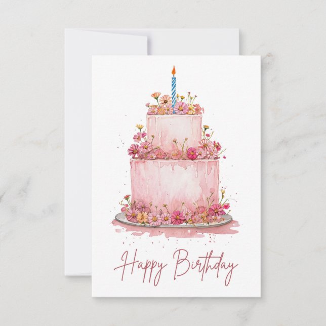 Pink Floral Birthday Cake Card (Front)