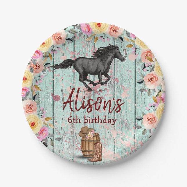 Pink Floral Birthday Horse Birthday Party  Paper Plate (Front)