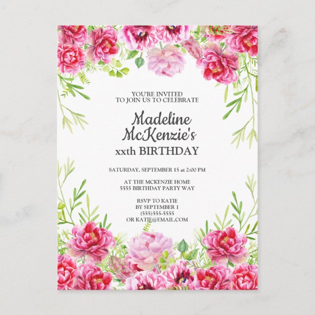 Pink Floral Birthday Party Invitation (Devant)