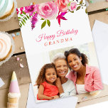 Pink Floral Birthday Photo Card for Grandma<br><div class="desc">Affordable custom printed birthday card personalized with your photo and text. This pretty feminine design features a watercolor floral border in shades of pink and coral. Use the design tools to add more photos, edit the text with your own special message and customize the fonts and colours to create your...</div>