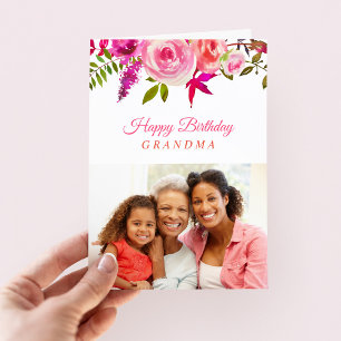 Pink Floral Birthday Photo Card for Grandma