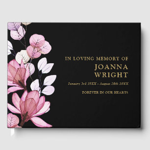 Pink Floral Black And Gold Loving Memory Funeral Guest Book