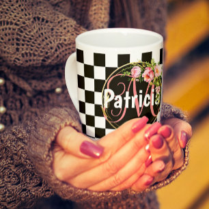 pink Floral black and white checkerboard monogram Coffee Mug