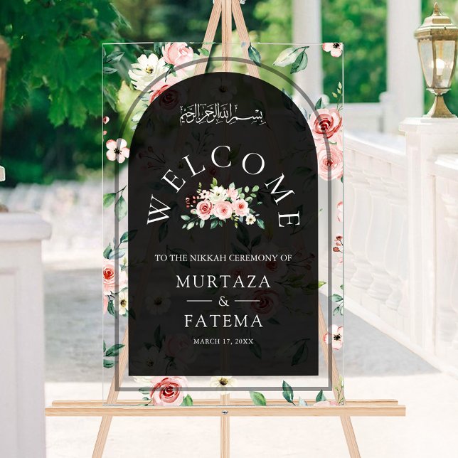 Pink Floral Black Arch Muslim Wedding Welcome Acrylic Sign (Creator Uploaded)