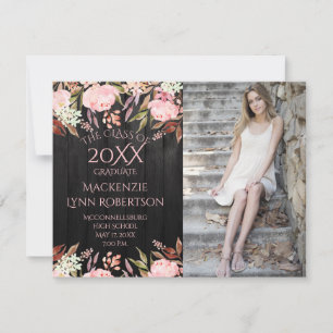 Pink Floral Black Barn Wood Photo Graduation Announcement
