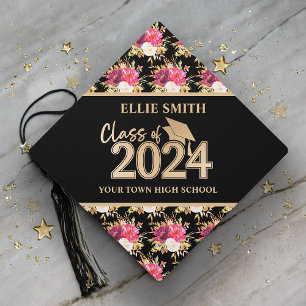 Pink Floral Black Gold Class 2024 Graduation Cap Topper