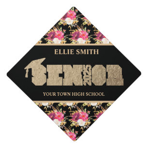 Pink Floral Black Gold Class 2025 Graduation Cap Topper