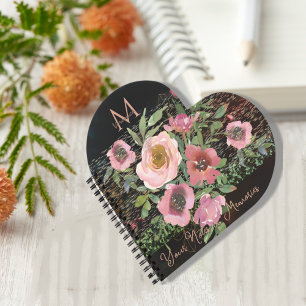 Pink Floral Black Heart-Shaped Notebook