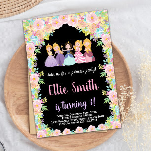 Pink Floral Black Princesses Birthday Invitation