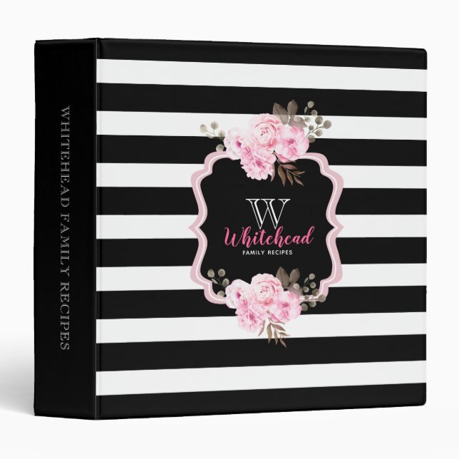 Pink Floral Black Stripe Monogram Family Recipe Binder (Front/Spine)