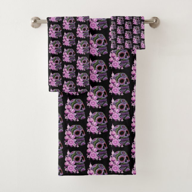 Pink Floral Black Sugar Skull Day Of The Dead Bath Towel Set (Insitu)