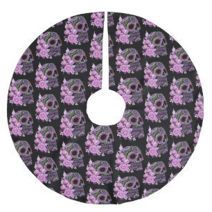 Pink Floral Black Sugar Skull Day Of The Dead Brushed Polyester Tree Skirt