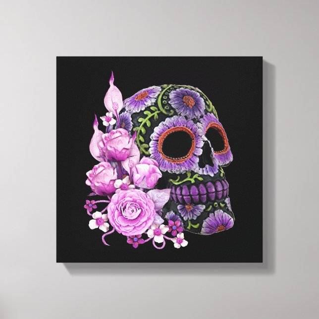Pink Floral Black Sugar Skull Day Of The Dead Canvas Print (Front)