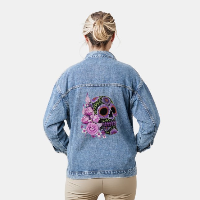 Pink Floral Black Sugar Skull Day Of The Dead Denim Jacket (Model)