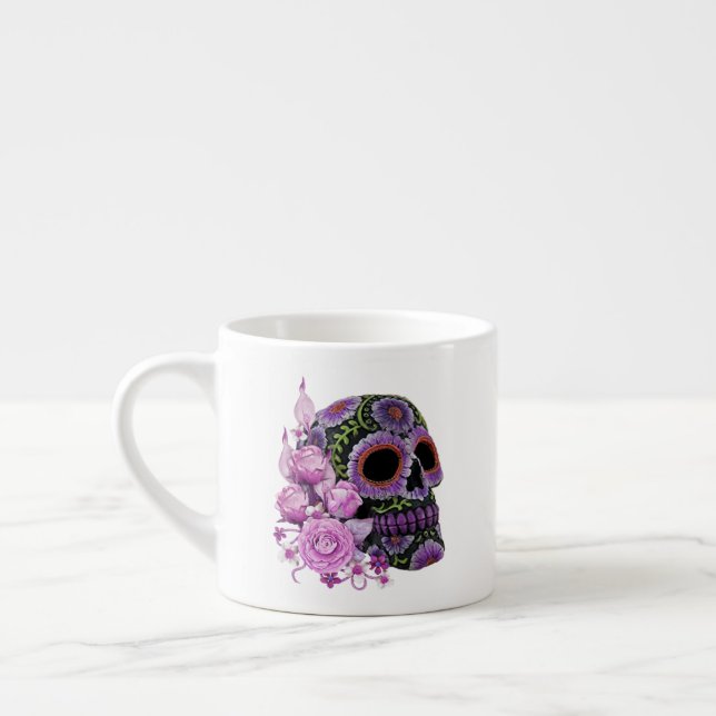 Pink Floral Black Sugar Skull Day Of The Dead Espresso Cup (Left)