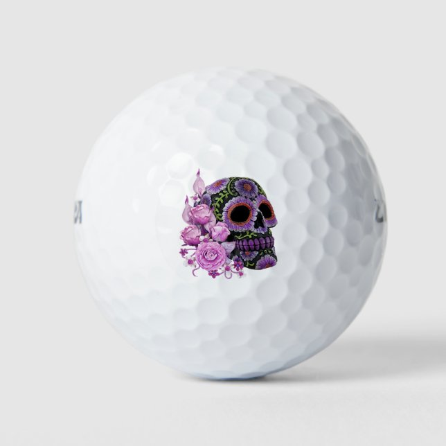 Pink Floral Black Sugar Skull Day Of The Dead Golf Balls (Front)