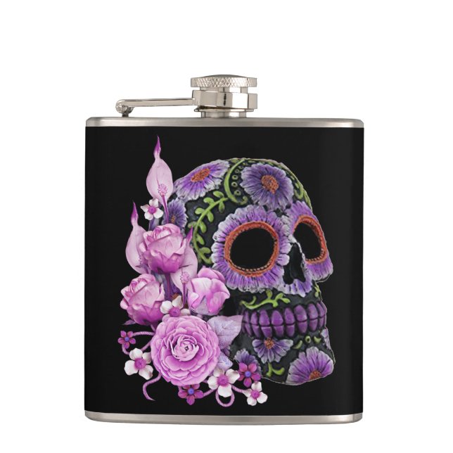 Pink Floral Black Sugar Skull Day Of The Dead Hip Flask (Front)