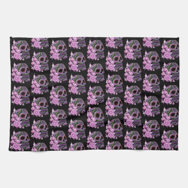 Pink Floral Black Sugar Skull Day Of The Dead Kitchen Towel (Horizontal)
