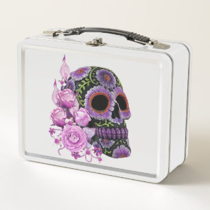 Pink Floral Black Sugar Skull Day Of The Dead Metal Lunch Box