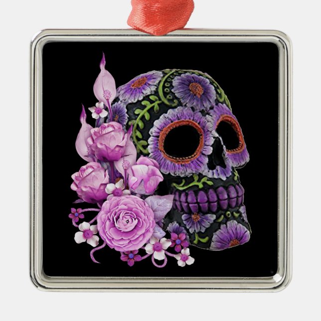 Pink Floral Black Sugar Skull Day Of The Dead Metal Ornament (Front)