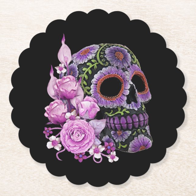 Pink Floral Black Sugar Skull Day Of The Dead Paper Coaster (Front)