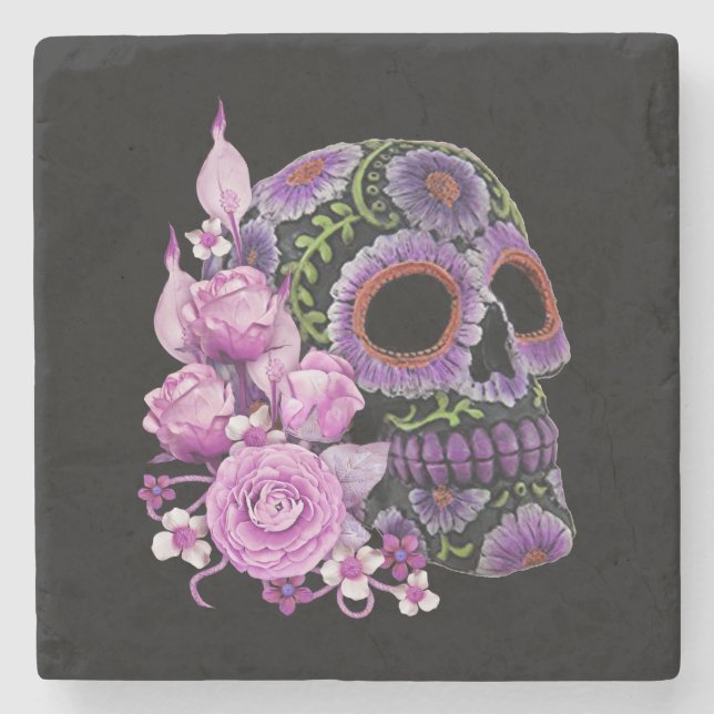 Pink Floral Black Sugar Skull Day Of The Dead Stone Coaster (Front)