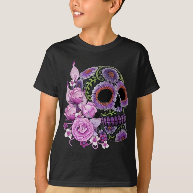 Pink Floral Black Sugar Skull Day Of The Dead T-Shirt (Front)