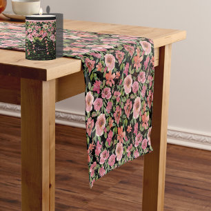 Pink Floral Black Table Runner