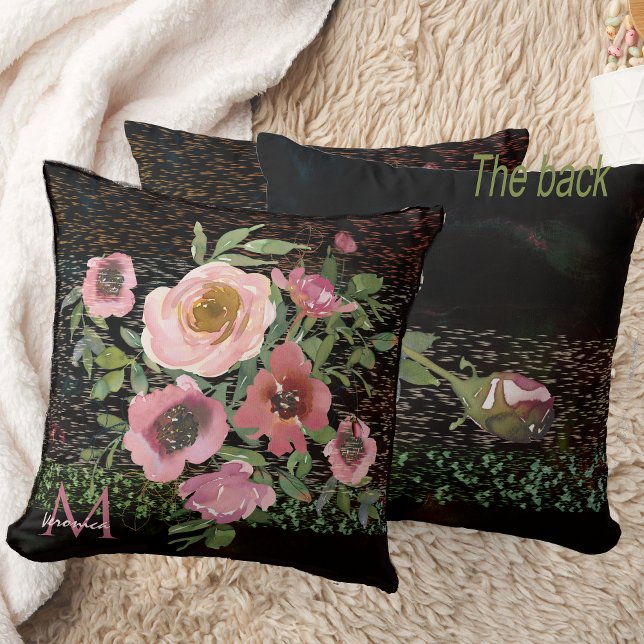Pink Floral Black Throw Pillow (Pink floral black throw pillow double -sided)