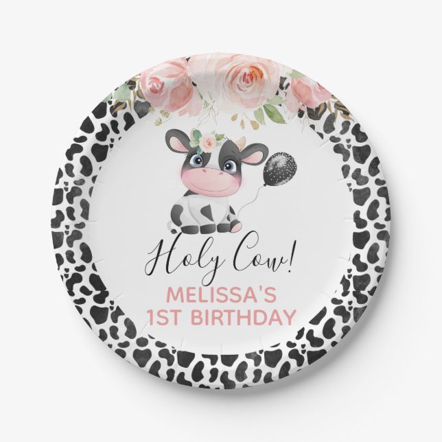  Pink Floral Black White Cow Print Birthday Party Paper Plate (Front)