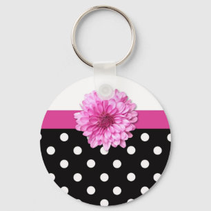 Pink floral black white polka dots girly keychain