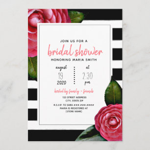 Pink Floral Black + White Stripe Bridal Shower Invitation