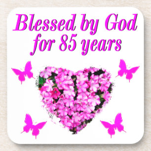 PINK FLORAL BLESSED BY GOD FOR 85 YEARS COASTER