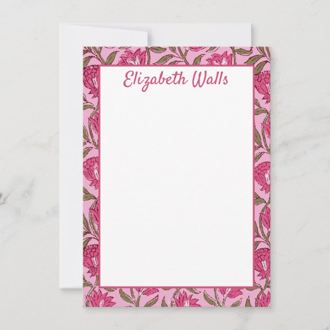 Pink Floral Block Print, Customized Stationery Thank You Card (Front)