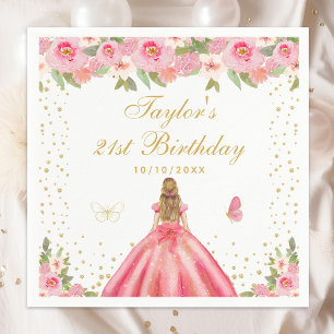 Pink Floral Blonde Hair Girl Birthday Party Napkin