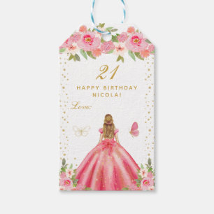 Pink Floral Blonde Hair Girl Happy Birthday Gift Tags