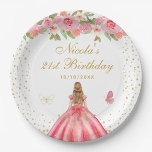 Pink Floral Blonde Hair Princess Birthday Party Paper Plate