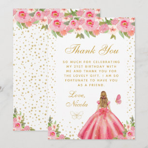 Pink Floral Blonde Hair Princess Birthday Party Thank You Card