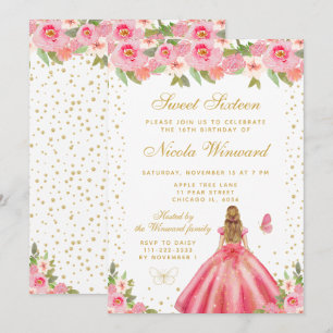Pink Floral Blonde Hair Princess Sweet Sixteen Invitation