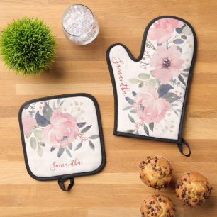 Pink Floral Bloom Watercolor Script Personalized Oven Mitt & Pot Holder Set