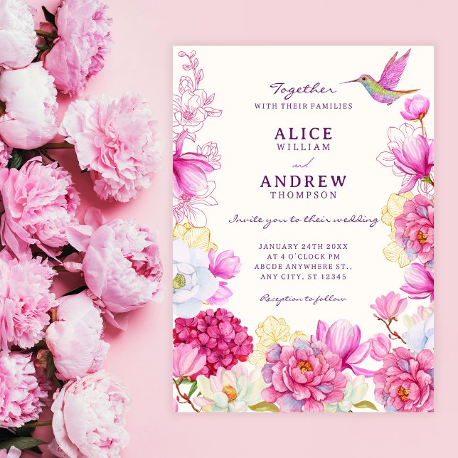 Pink floral bloom wedding invitation (Creator Uploaded)