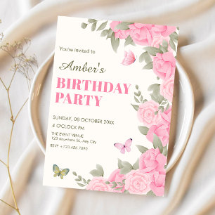 Pink floral blossom birthday invitation