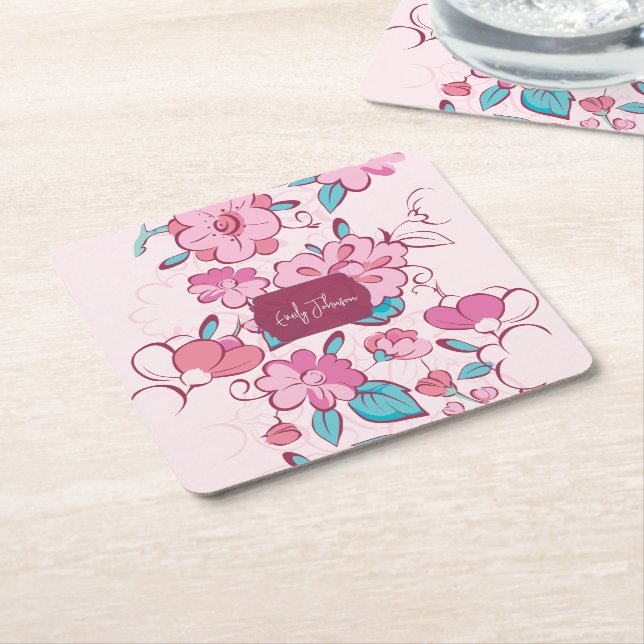 Pink Floral Blossom Script Name Paper Coaster (Angled)
