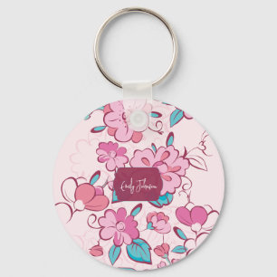 Pink Floral Blossom Script Name Paper Coaster Keychain