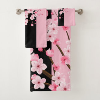 Pink Floral Blossoms Black & Pink Towel